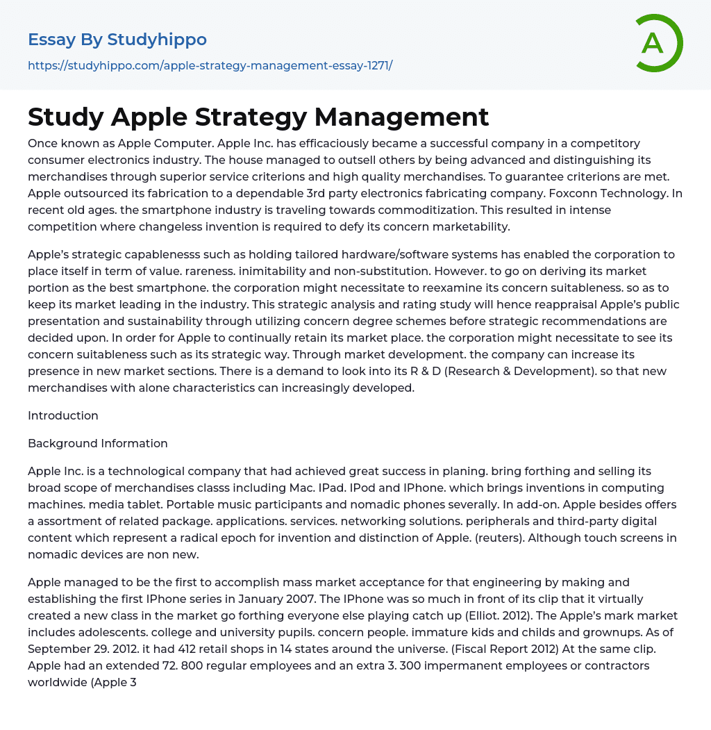 Study Apple Strategy Management Essay Example