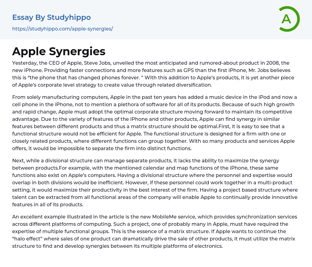 Apple Synergies Essay Example