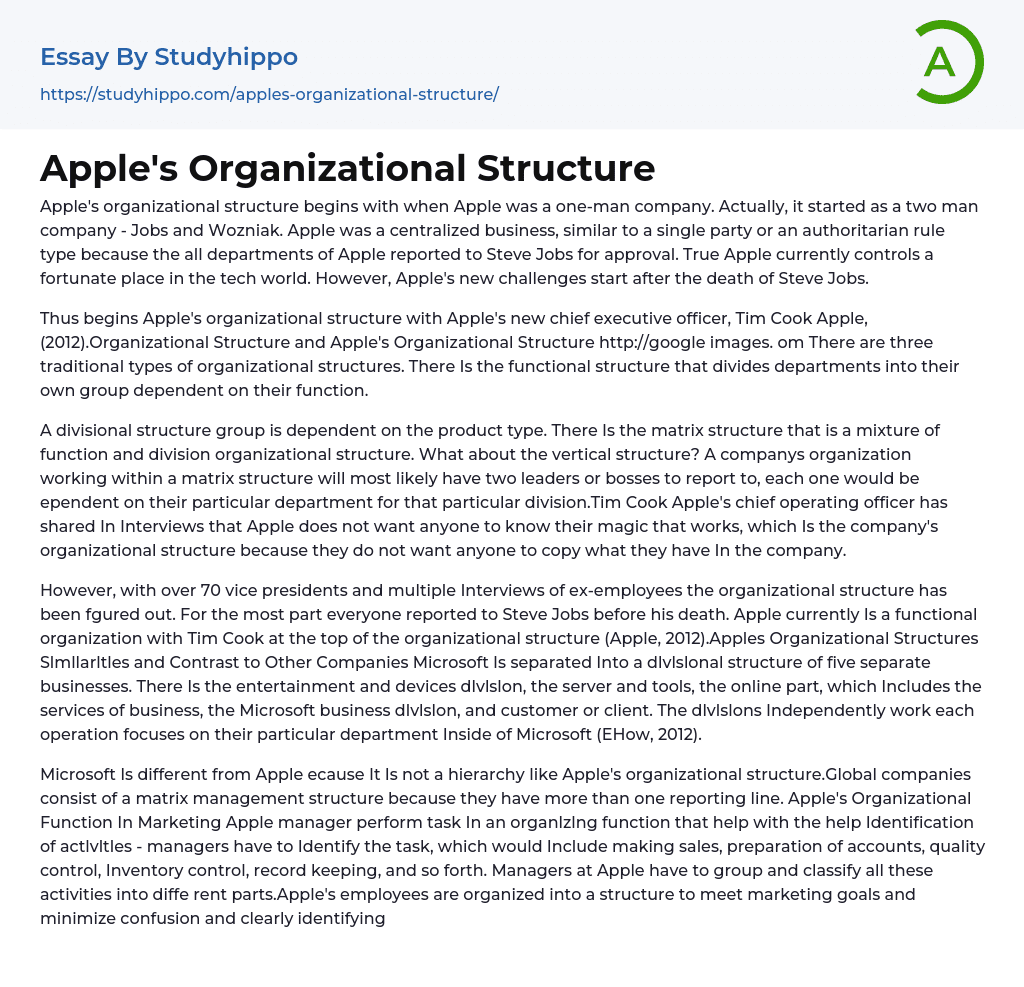 Apple’s Organizational Structure Essay Example