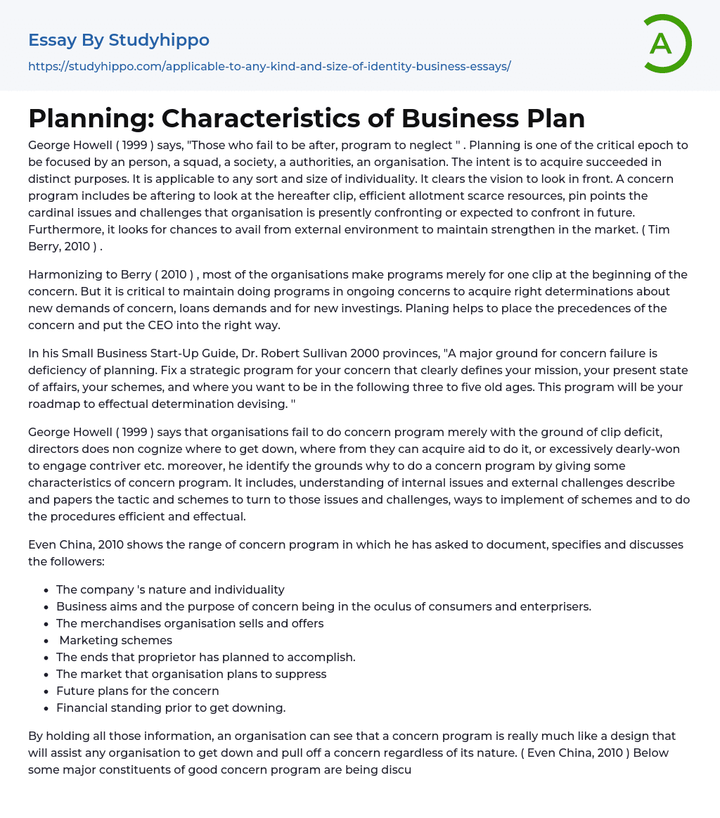 Planning: Characteristics of Business Plan Essay Example