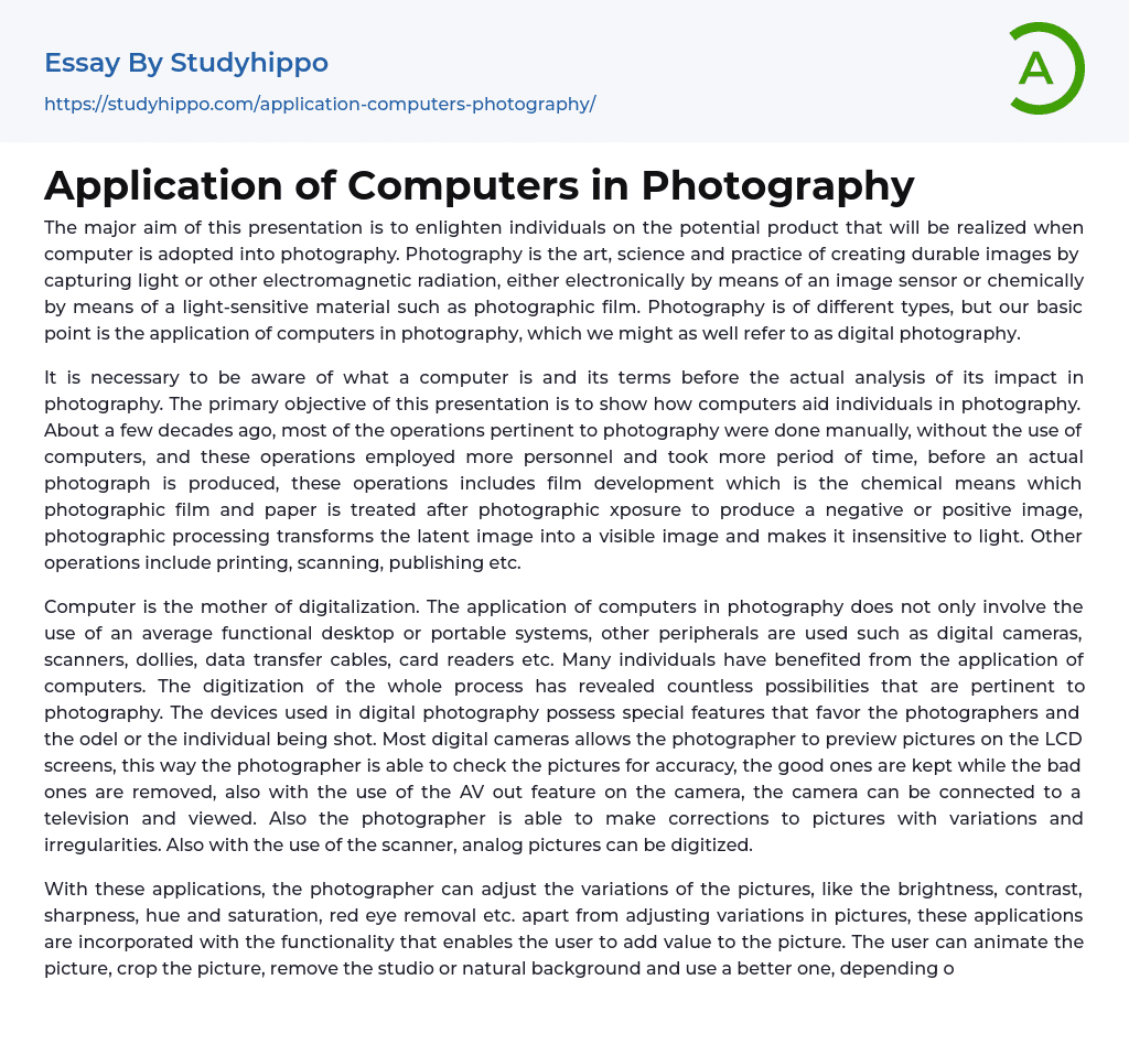 Application of Computers in Photography Essay Example