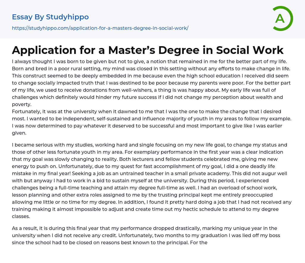 Application for a Master’s Degree in Social Work Essay Example