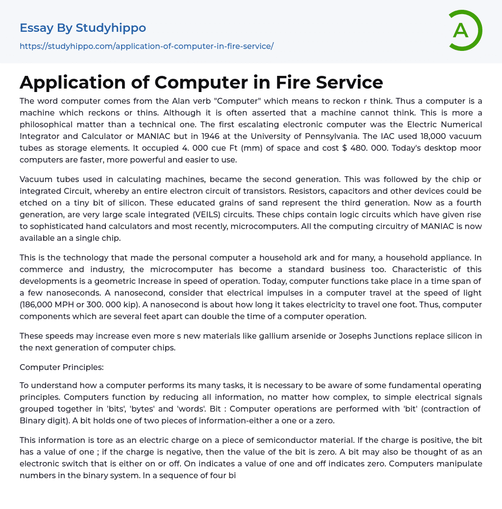 Application of Computer in Fire Service Essay Example