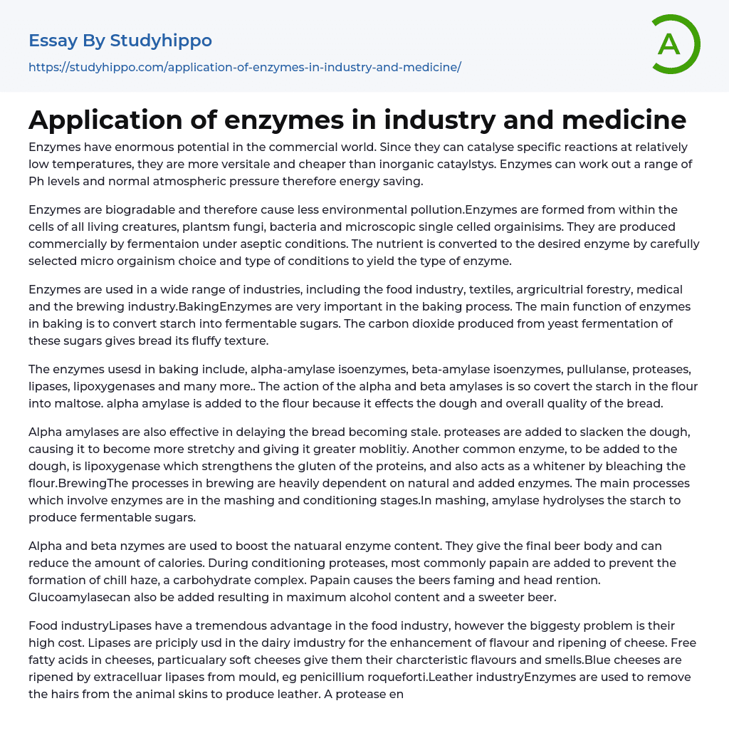 Application of enzymes in industry and medicine Essay Example