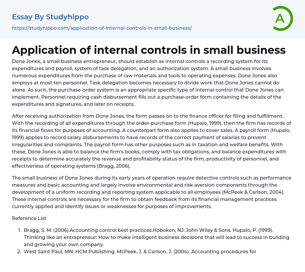 Application of internal controls in small business Essay Example