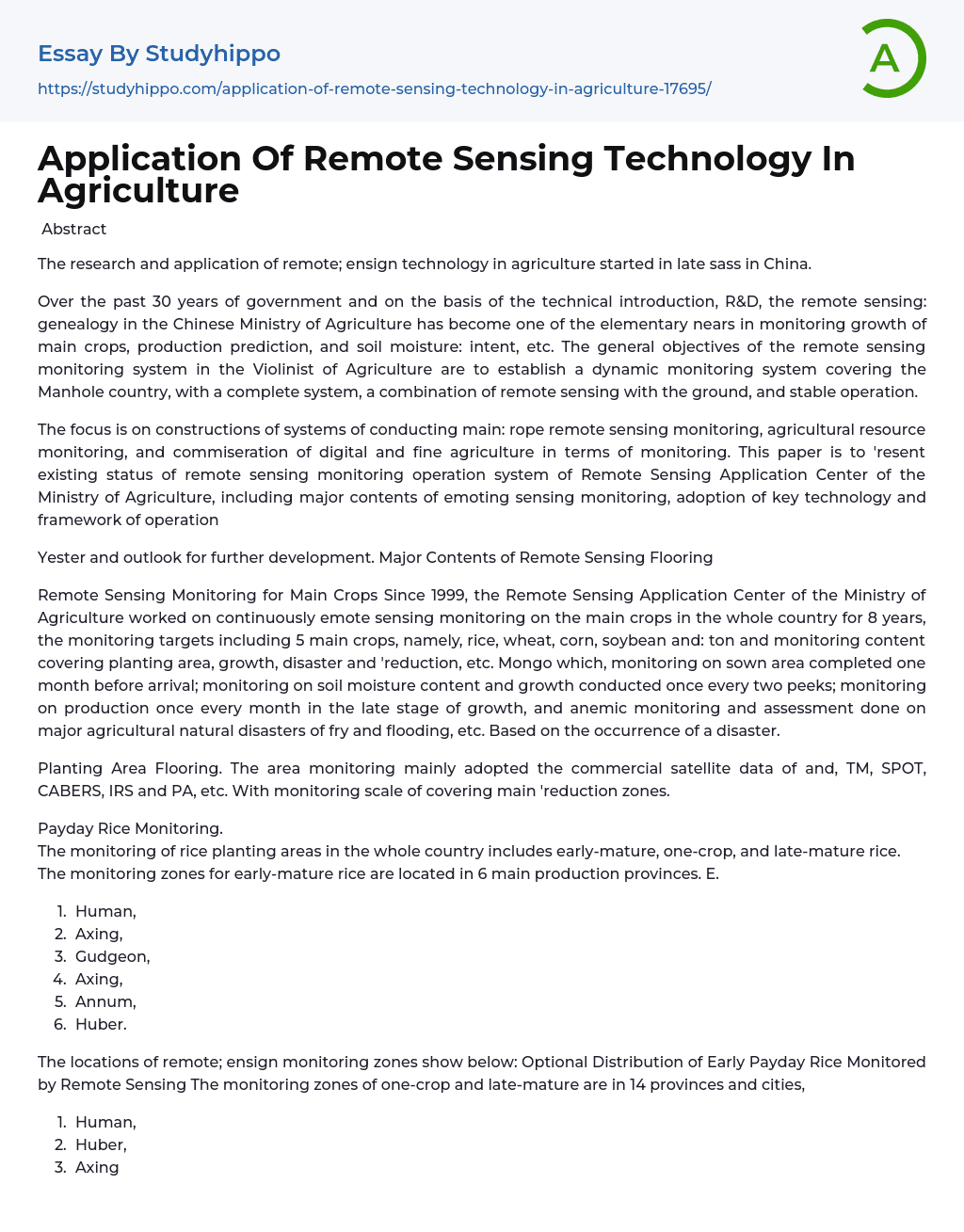 Application Of Remote Sensing Technology In Agriculture Essay Example