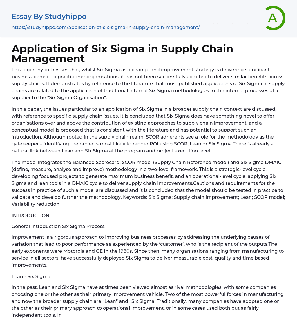 Application of Six Sigma in Supply Chain Management Essay Example
