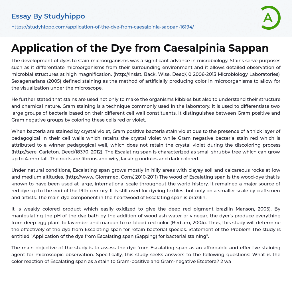 Application of the Dye from Caesalpinia Sappan Essay Example