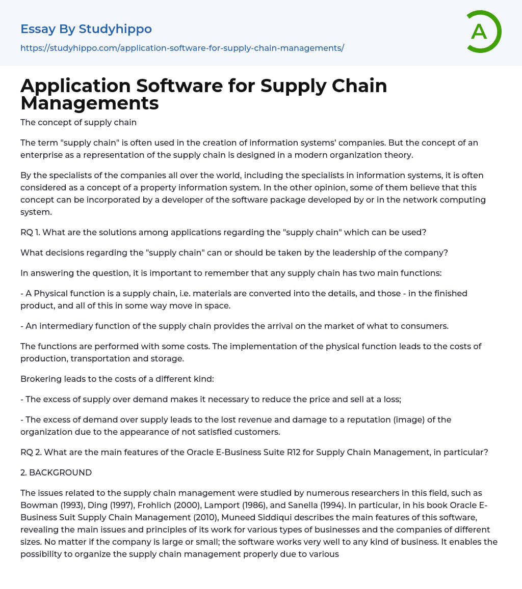 Application Software for Supply Chain Managements Essay Example