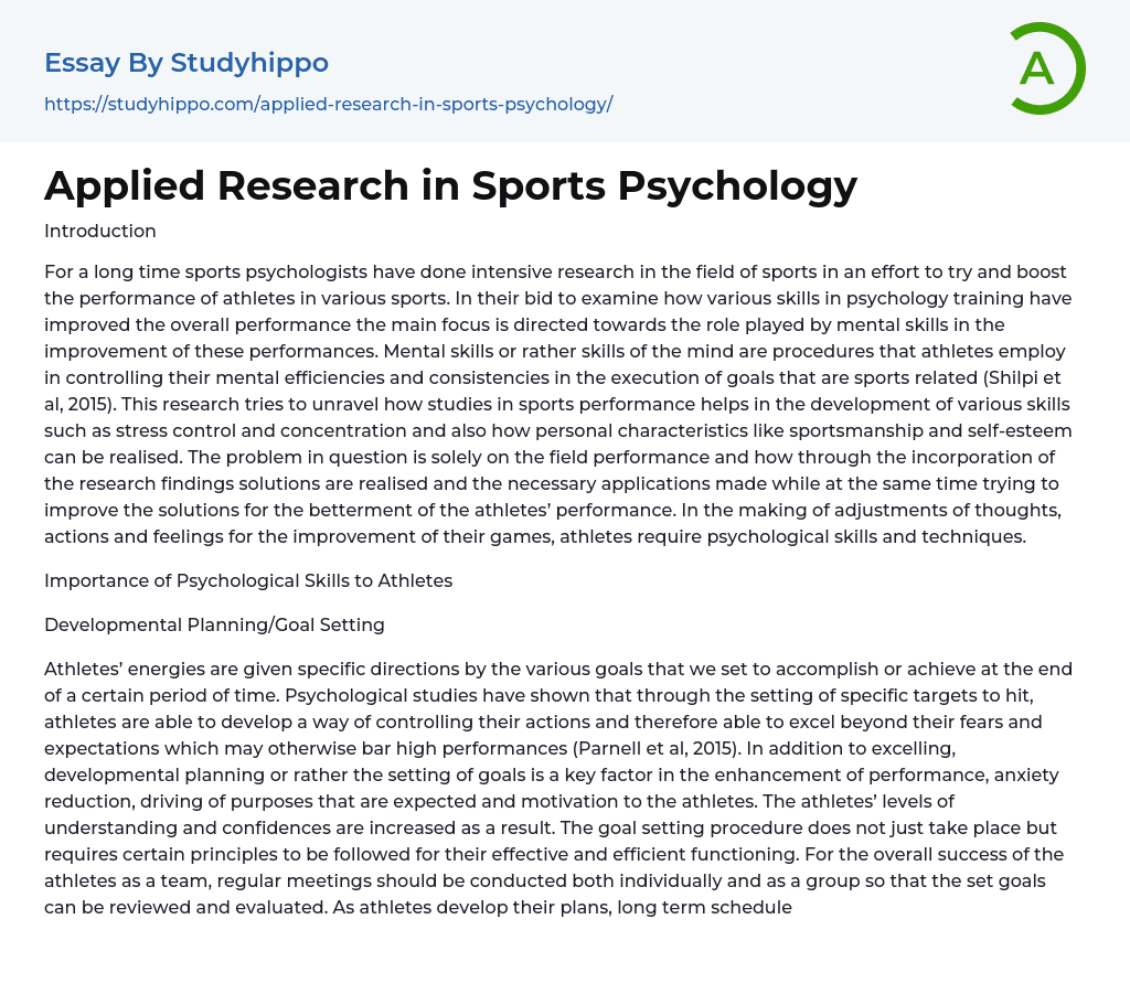 Applied Research in Sports Psychology Essay Example