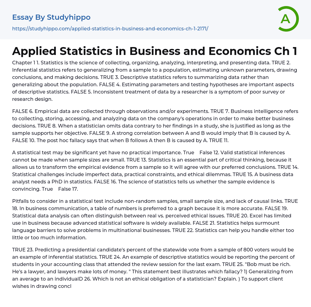 Applied Statistics in Business and Economics: Questions and Answers Essay Example