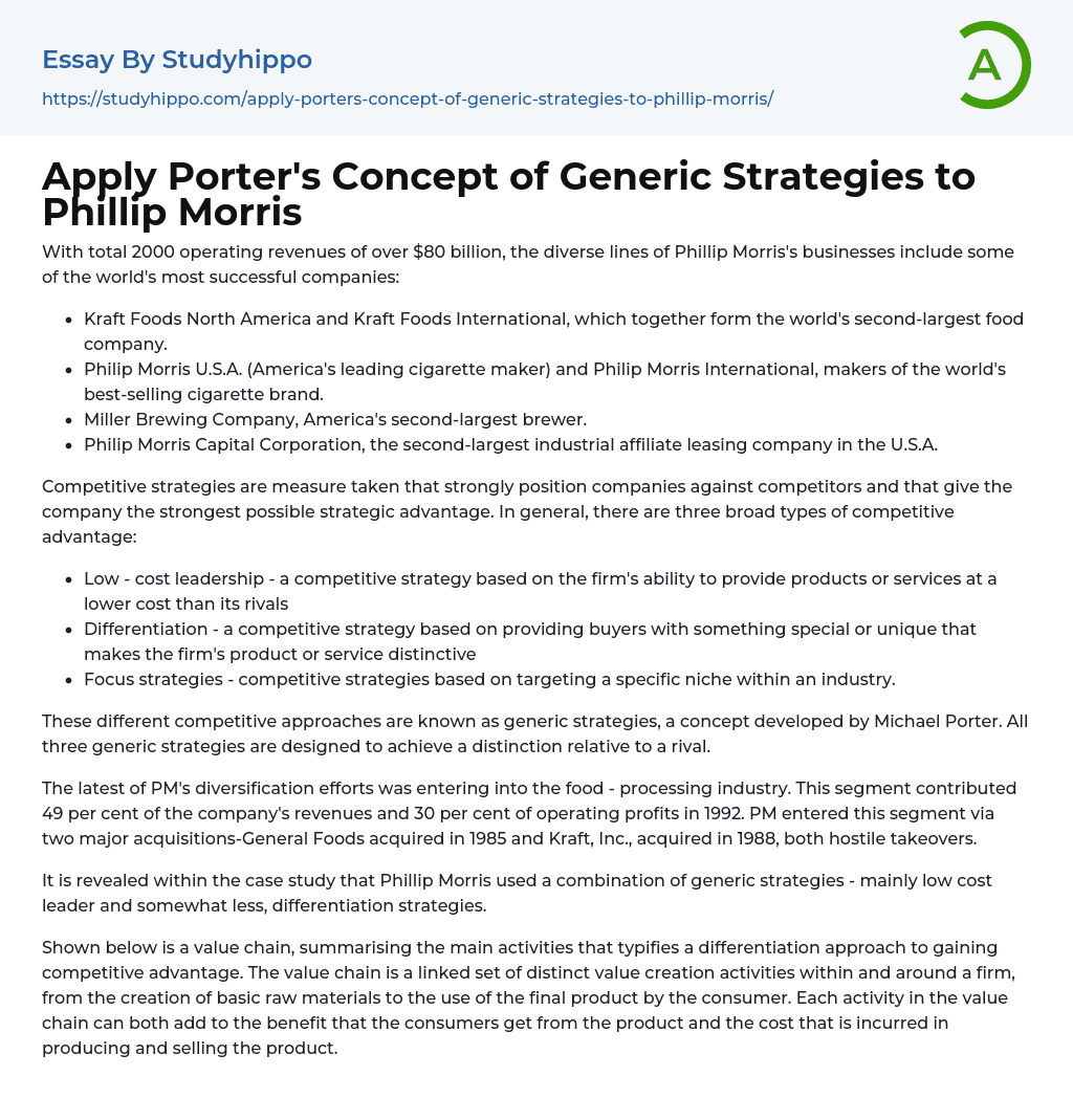Apply Porter’s Concept of Generic Strategies to Phillip Morris Essay Example