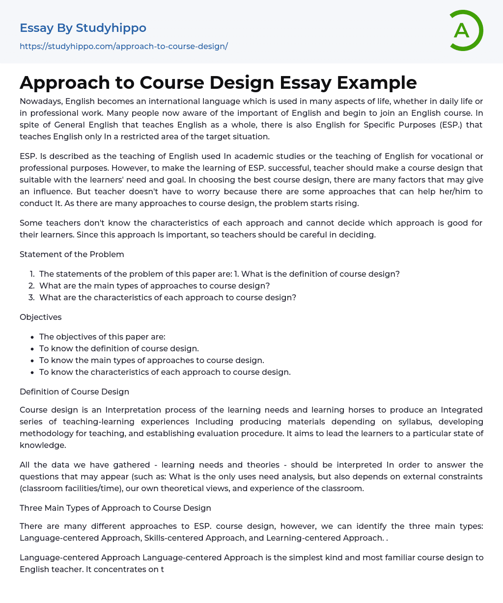 Approach to Course Design Essay Example