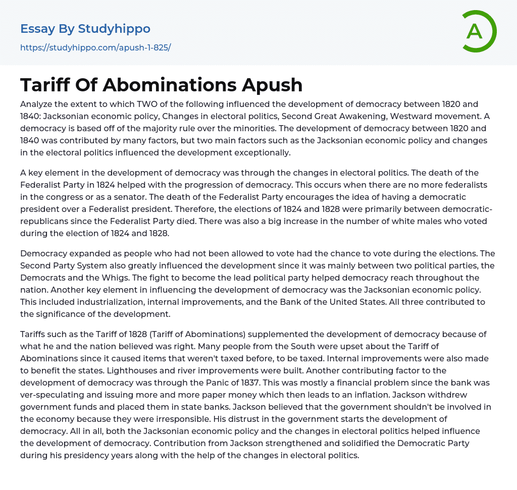 Tariff Of Abominations Apush Essay Example