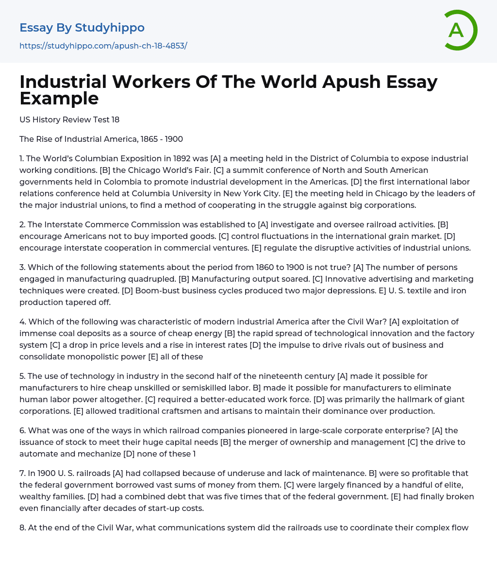 Industrial Workers Of The World Apush Essay Example