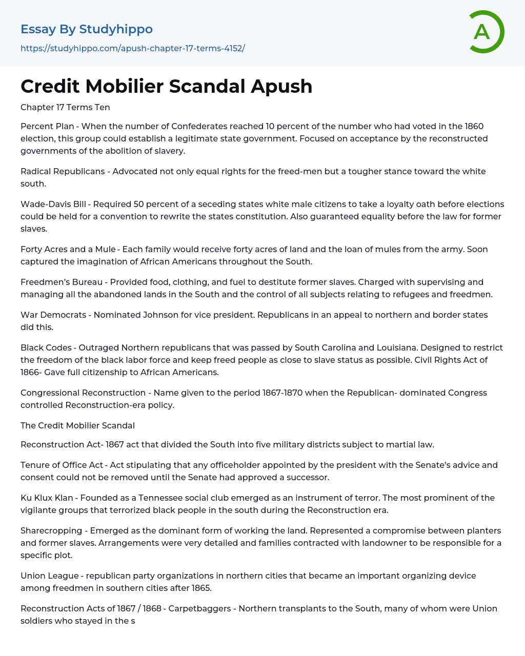 Credit Mobilier Scandal Apush Essay Example