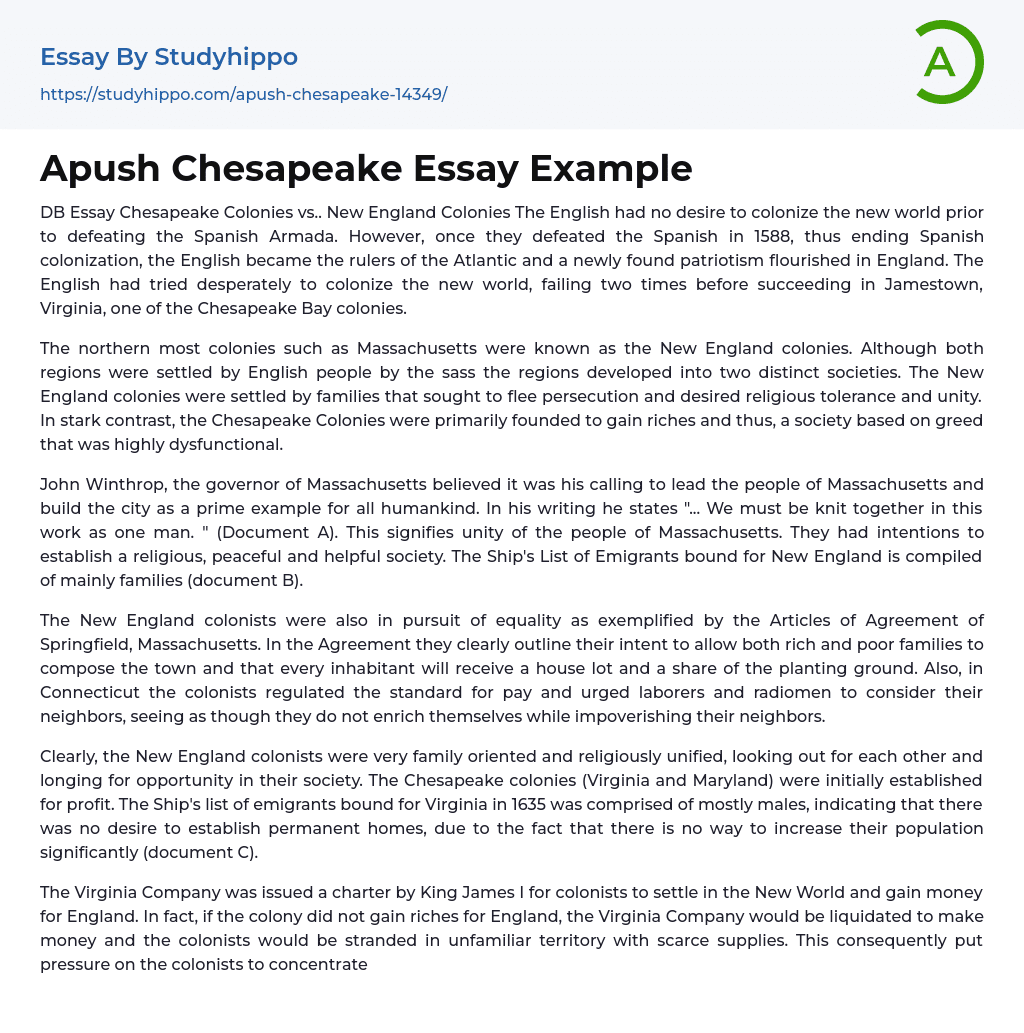 Apush Chesapeake Essay Example
