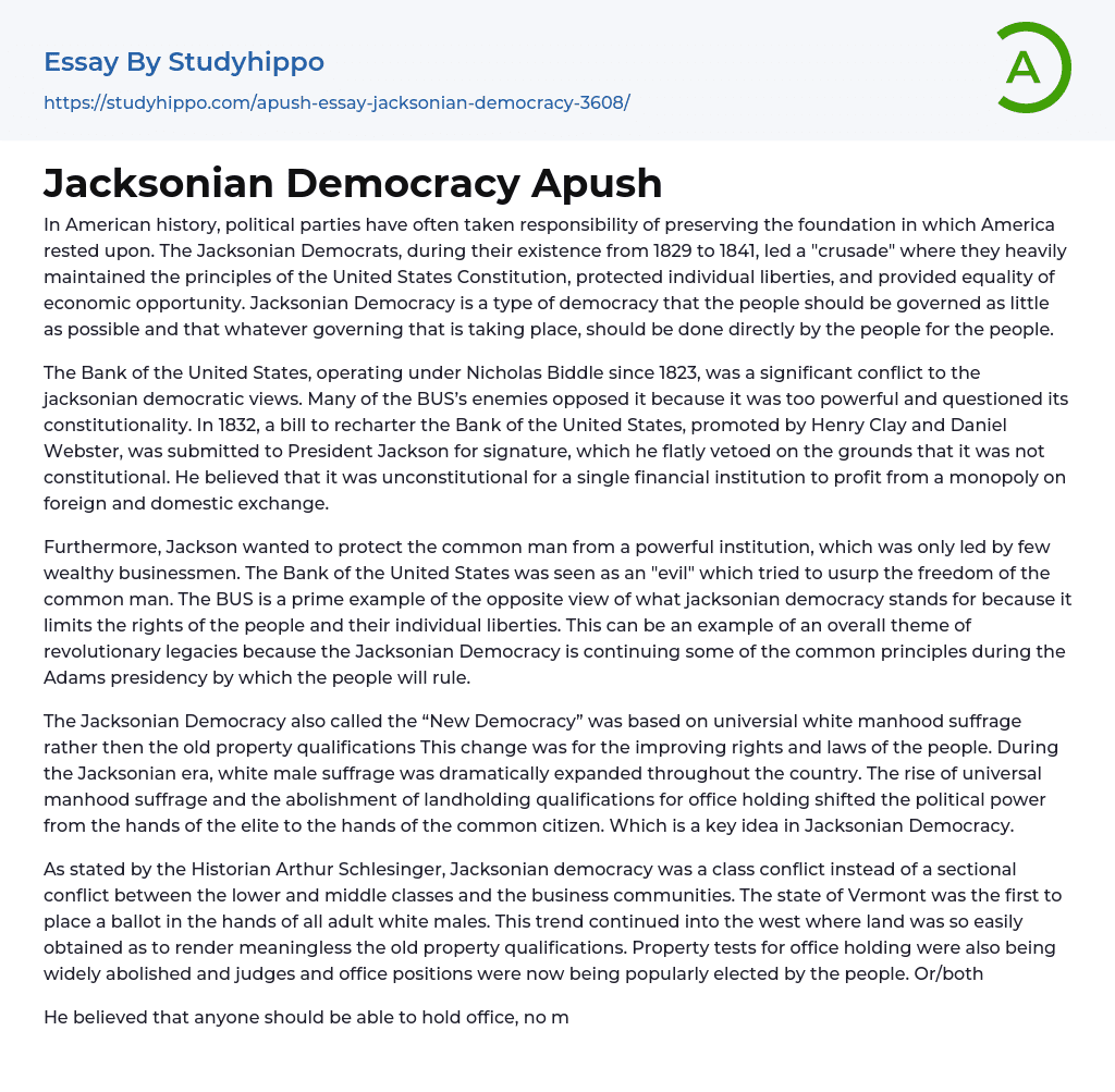 Jacksonian Democracy Apush Essay Example