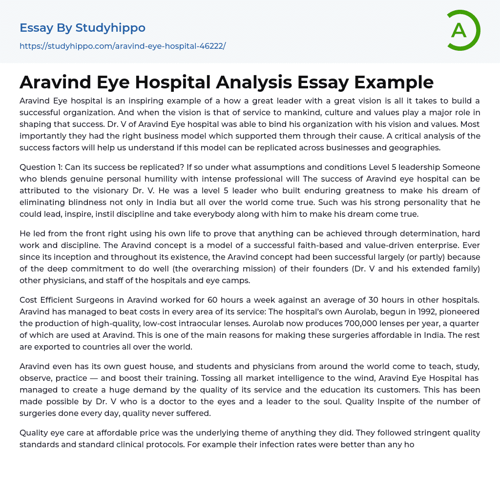 Aravind Eye Hospital Analysis Essay Example