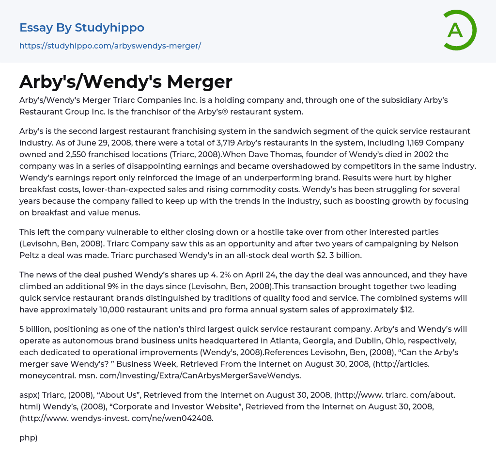Arby’s/Wendy’s Merger Essay Example