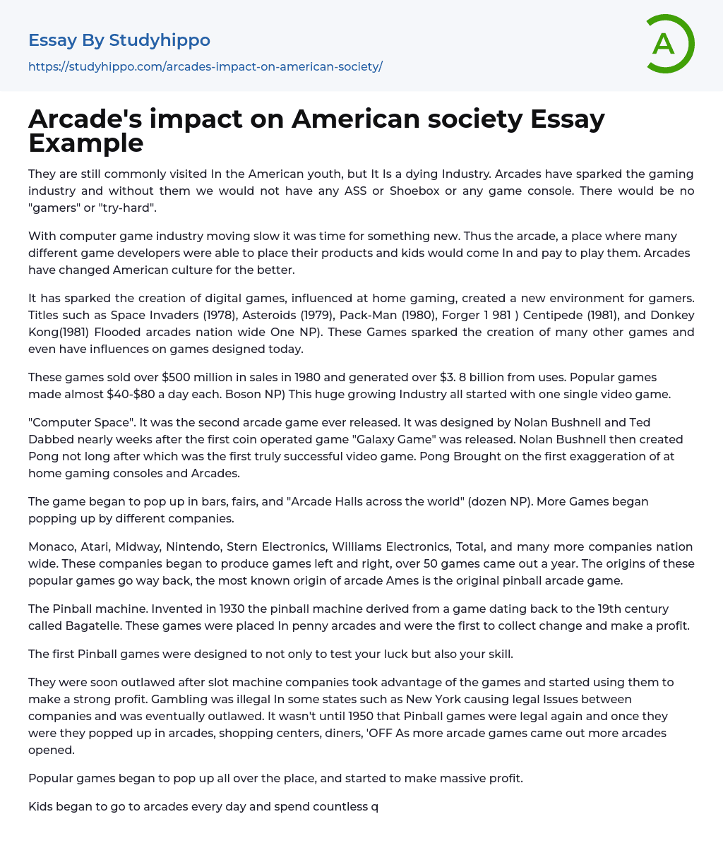 Arcade’s impact on American society Essay Example