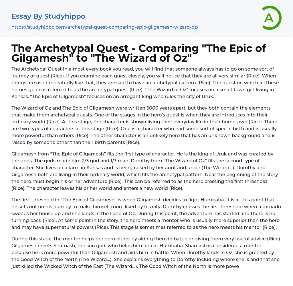 The Archetypal Quest – Comparing “The Epic of Gilgamesh” to “The Wizard of Oz” Essay Example