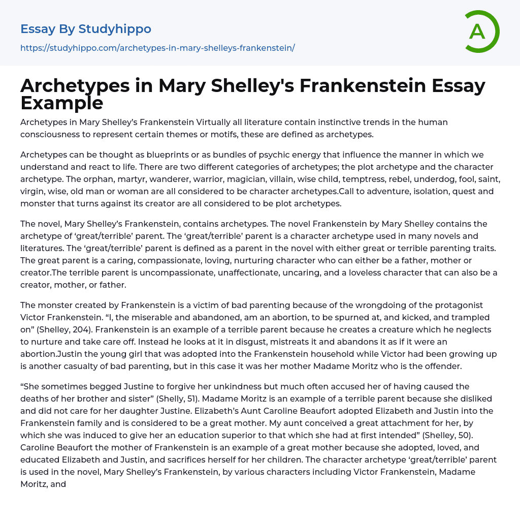 Archetypes in Mary Shelley’s Frankenstein Essay Example