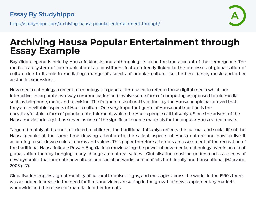 Archiving Hausa Popular Entertainment through Essay Example