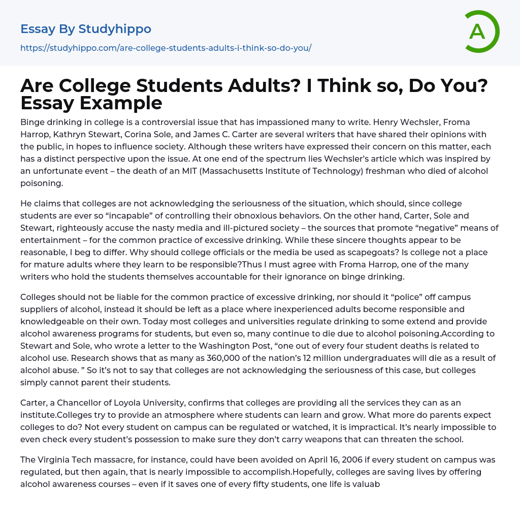 Are College Students Adults? I Think so, Do You? Essay Example