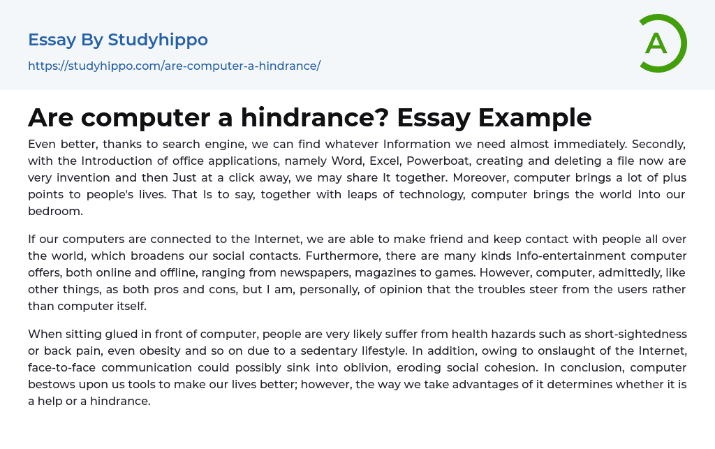 Are computer a hindrance? Essay Example