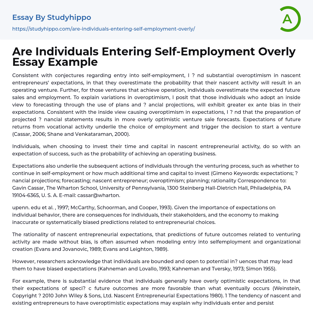 Are Individuals Entering Self-Employment Overly Essay Example