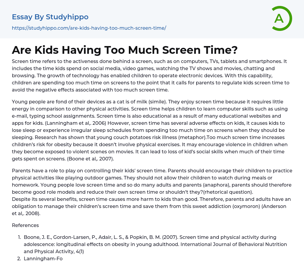 Are Kids Having Too Much Screen Time? Essay Example