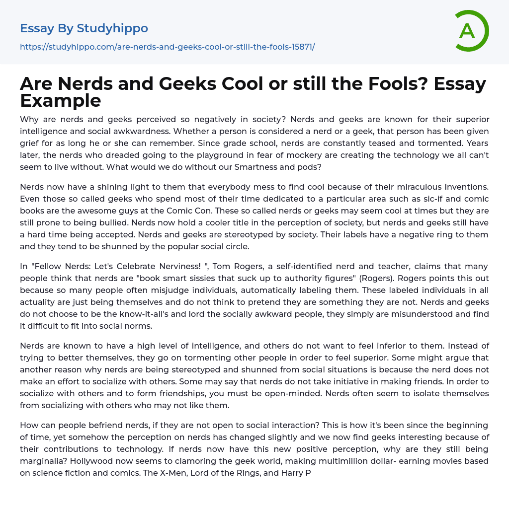 Are Nerds and Geeks Cool or still the Fools? Essay Example