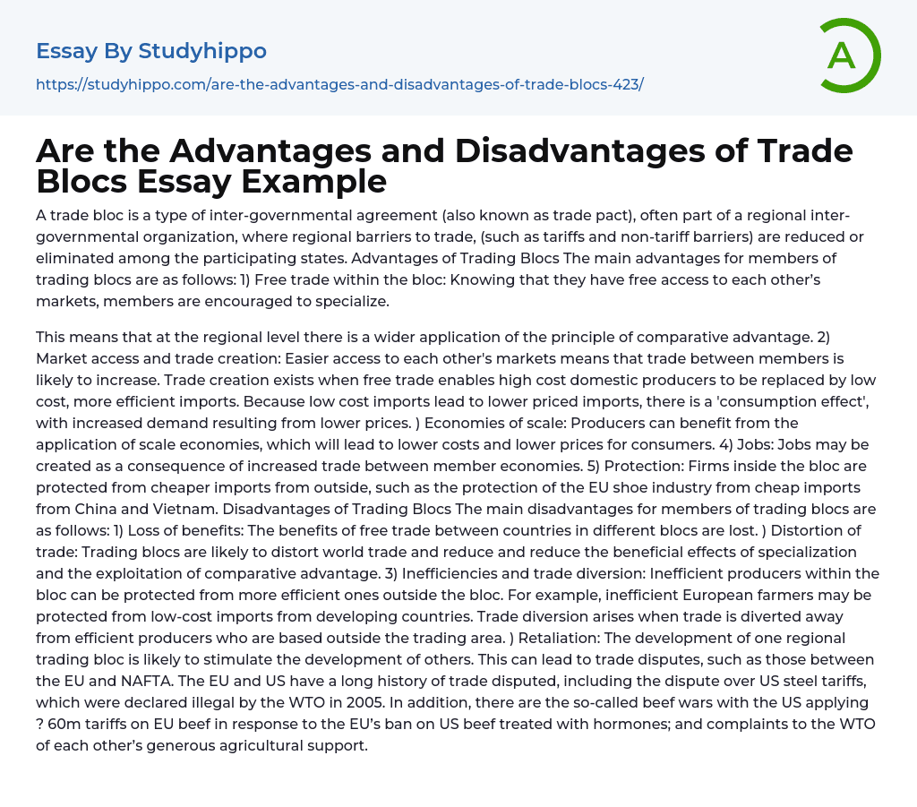 Are the Advantages and Disadvantages of Trade Blocs Essay Example