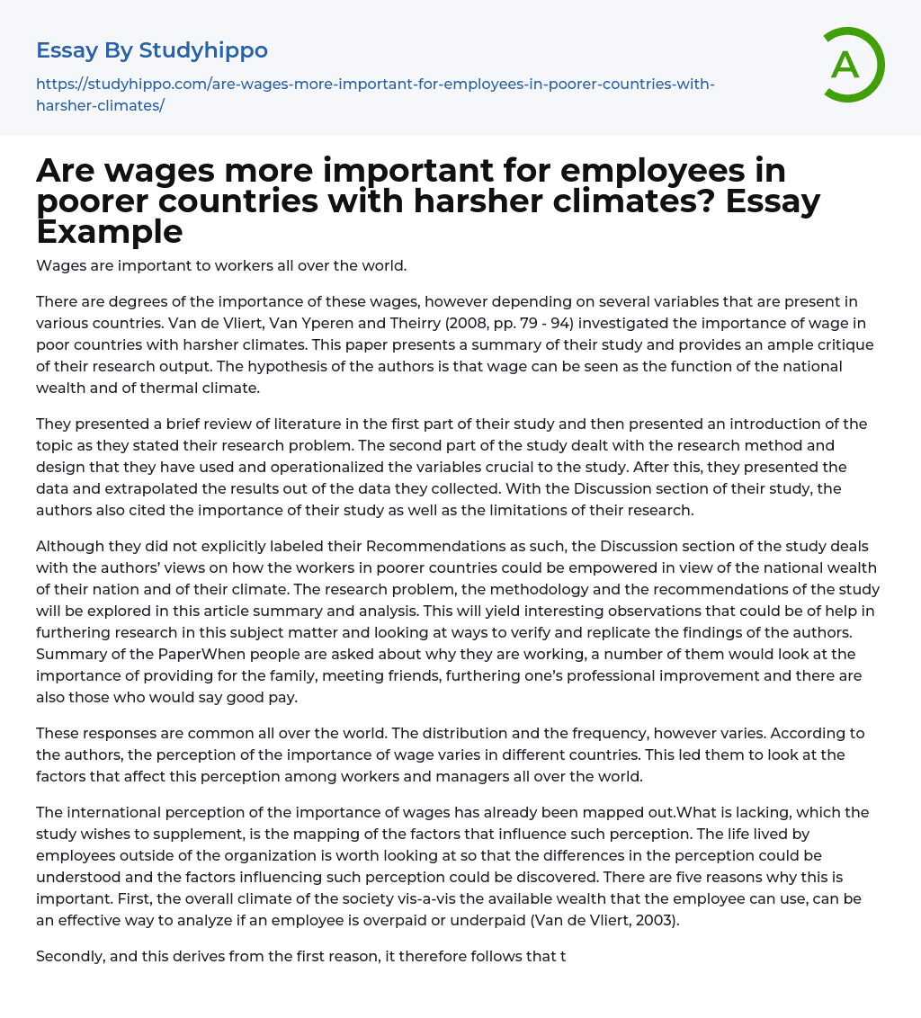 Are wages more important for employees in poorer countries with harsher climates? Essay Example
