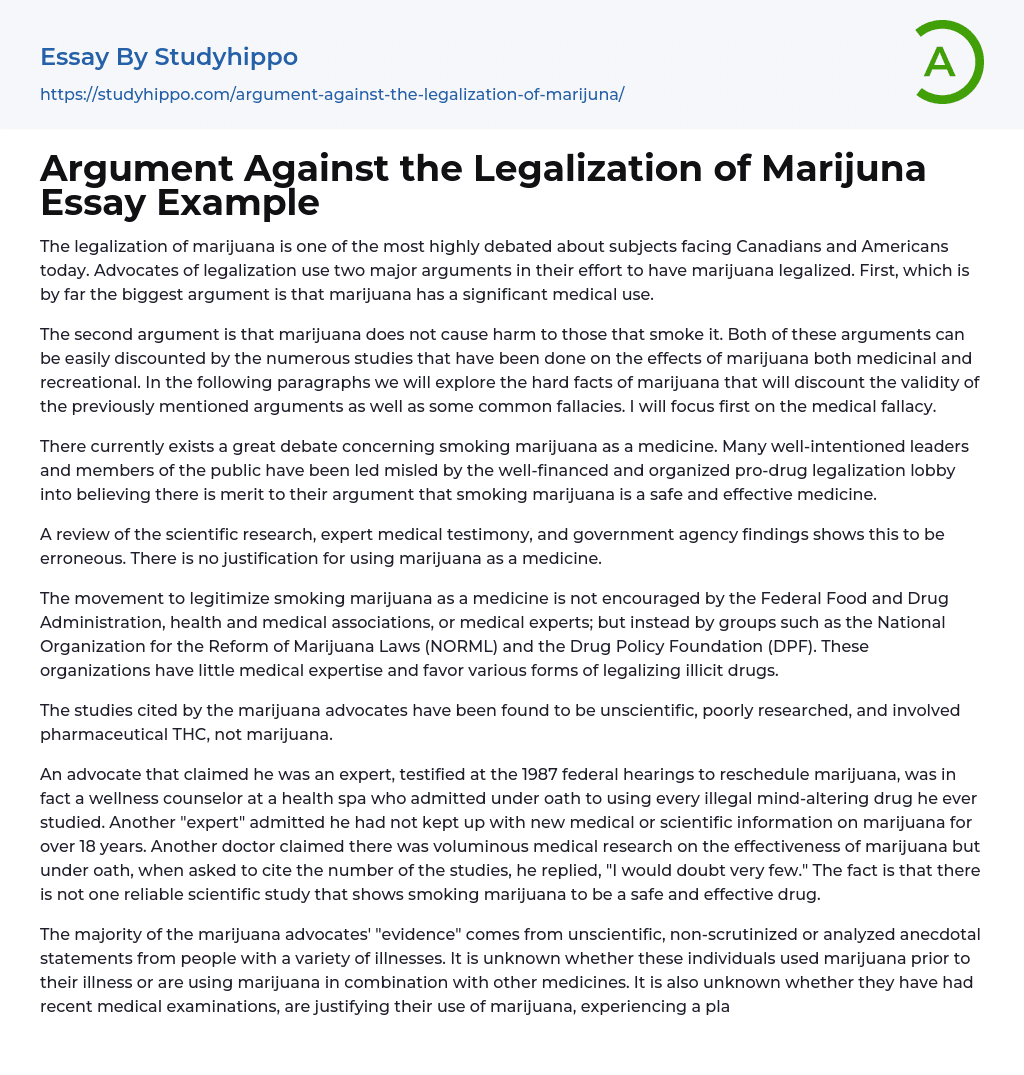 Argument Against the Legalization of Marijuna Essay Example