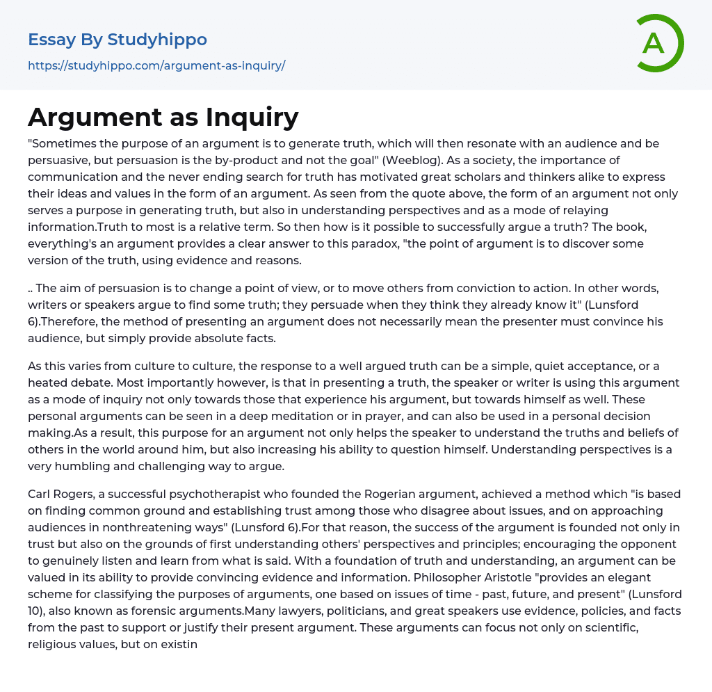 Argument as Inquiry Essay Example