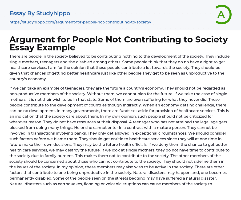 Argument for People Not Contributing to Society Essay Example