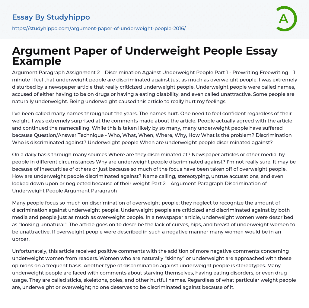 Argument Paper of Underweight People Essay Example