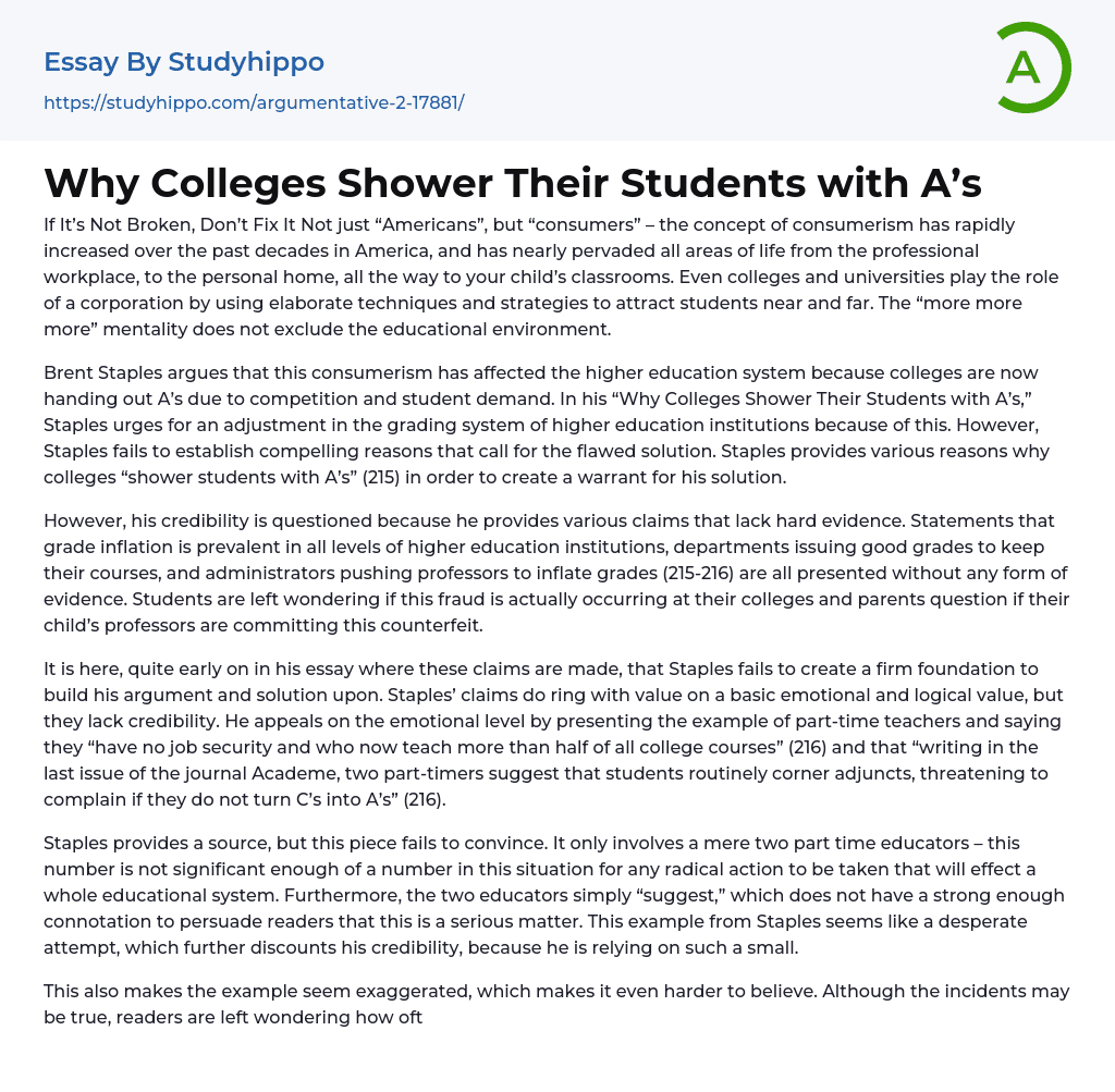 Why Colleges Shower Their Students with A’s Essay Example