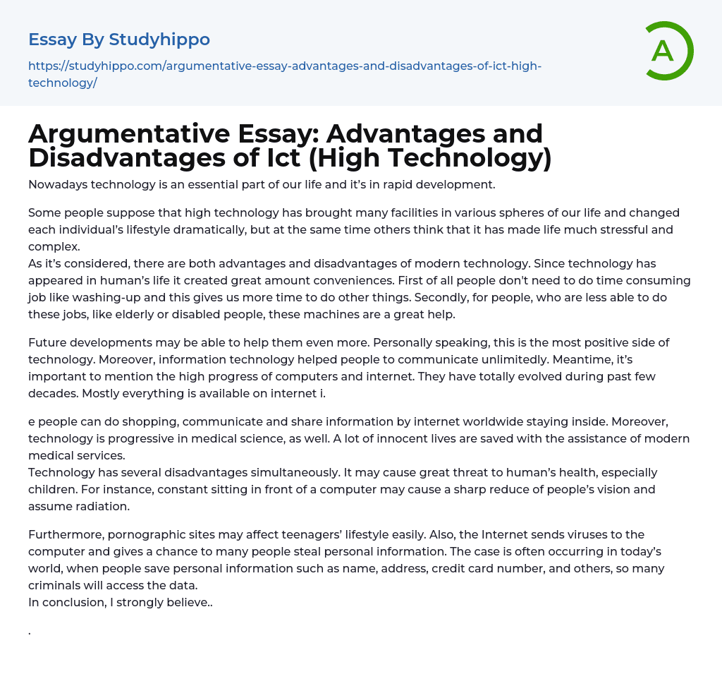Argumentative Essay: Advantages and Disadvantages of Ict (High Technology)