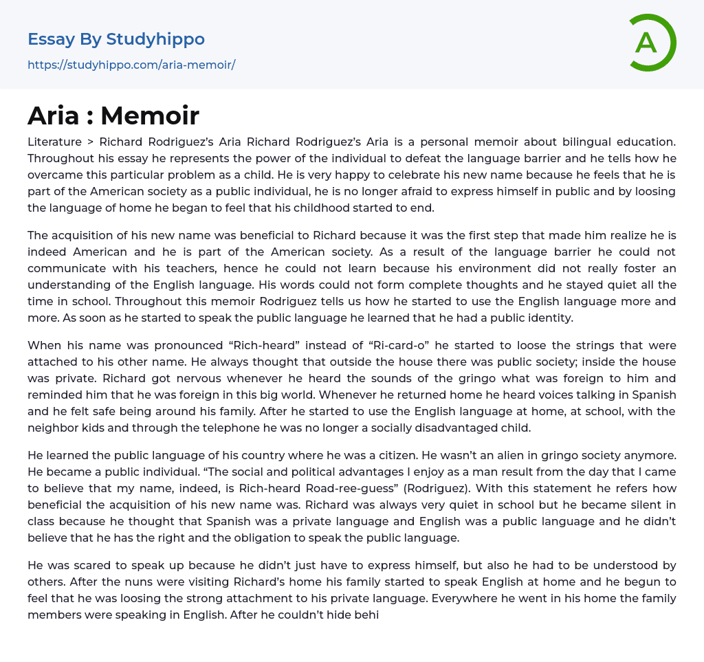 Aria : Memoir Essay Example