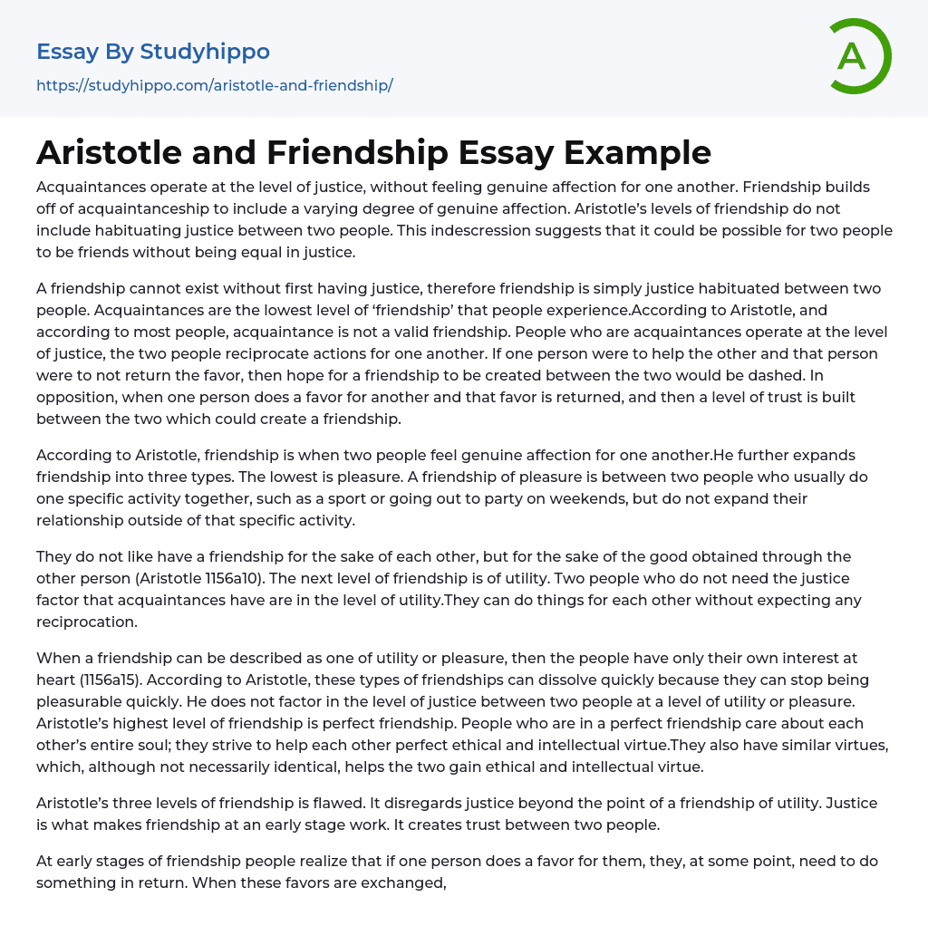 Aristotle and Friendship Essay Example