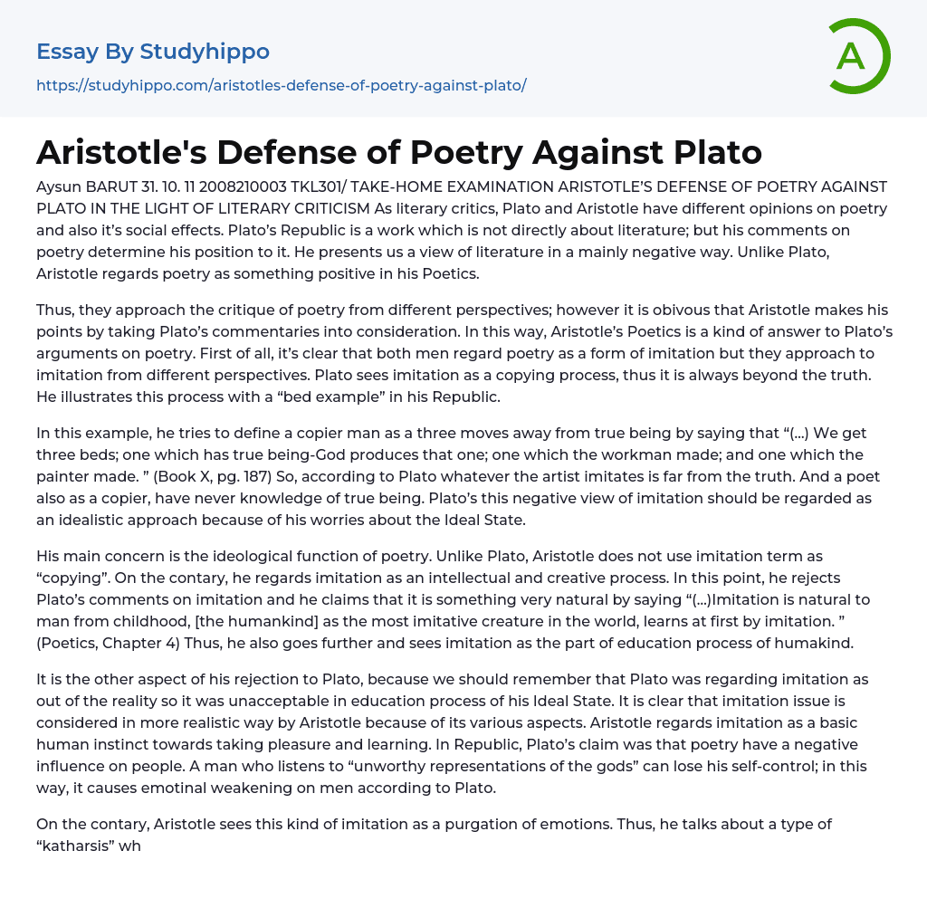 Aristotle’s Defense of Poetry Against Plato Essay Example