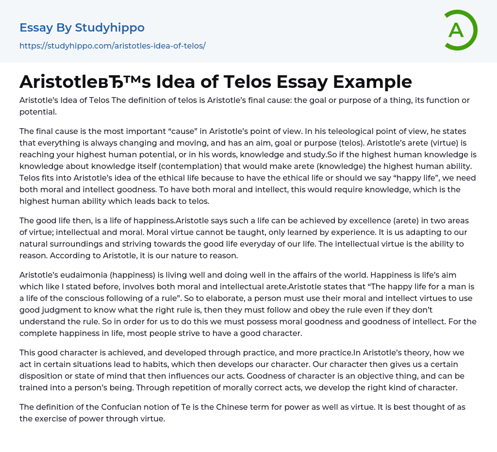 Aristotle’s Idea of Telos Essay Example