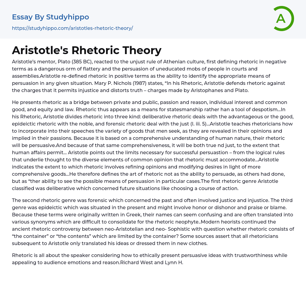 Aristotle’s Rhetoric Theory Essay Example