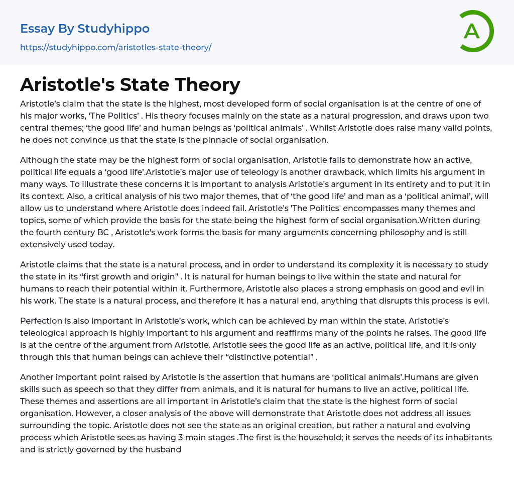 Aristotle’s State Theory Essay Example