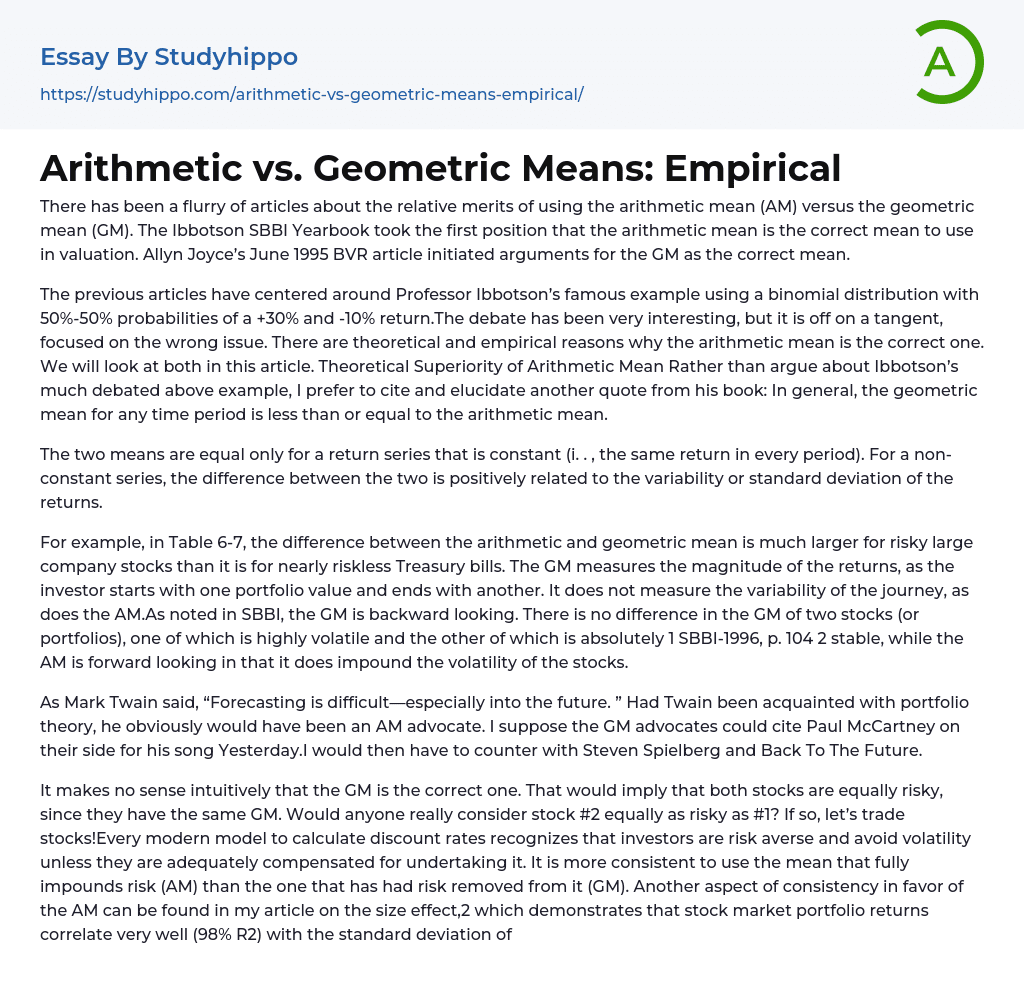 Arithmetic vs. Geometric Means: Empirical Essay Example