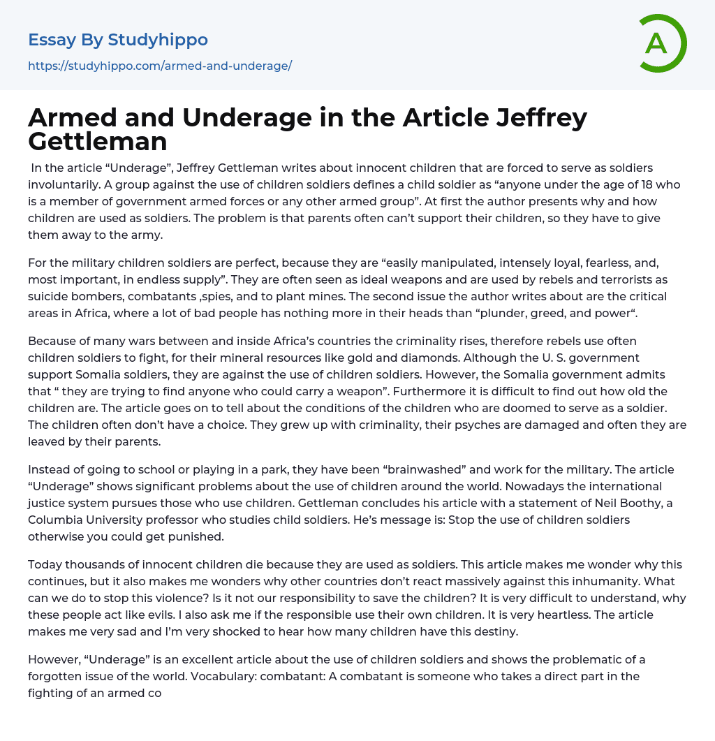 Armed and Underage in the Article Jeffrey Gettleman Essay Example