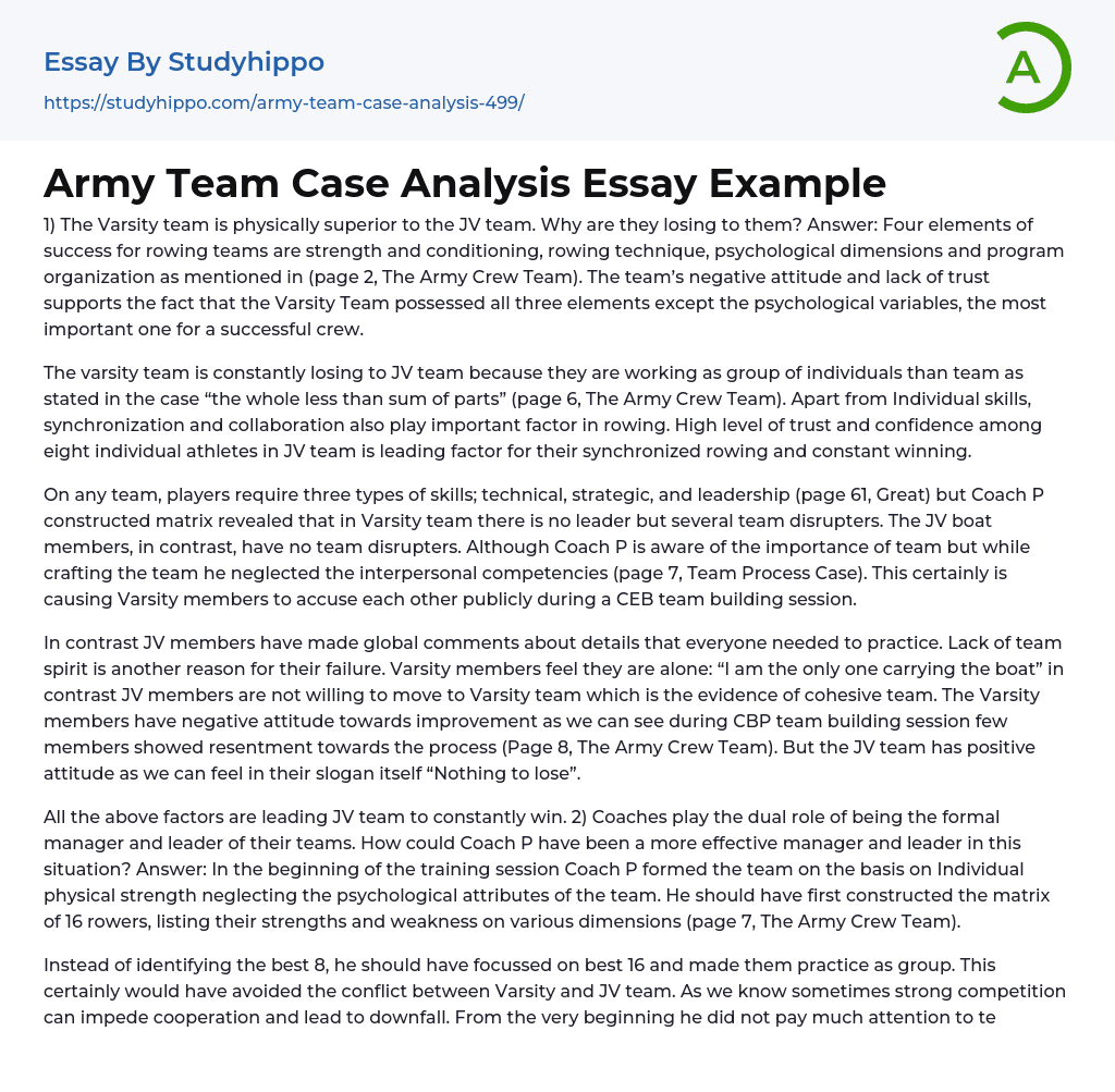 Army Team Case Analysis Essay Example